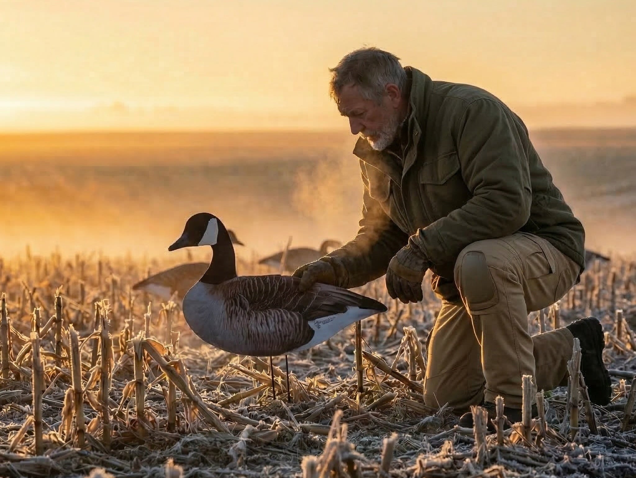 Hunter placing a fully flocked canada goose silhouette decoy in a field