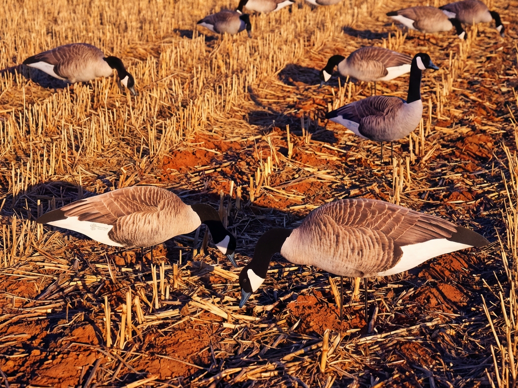 A group of flocked head Canada Goose silhouette decoys in a stubble field