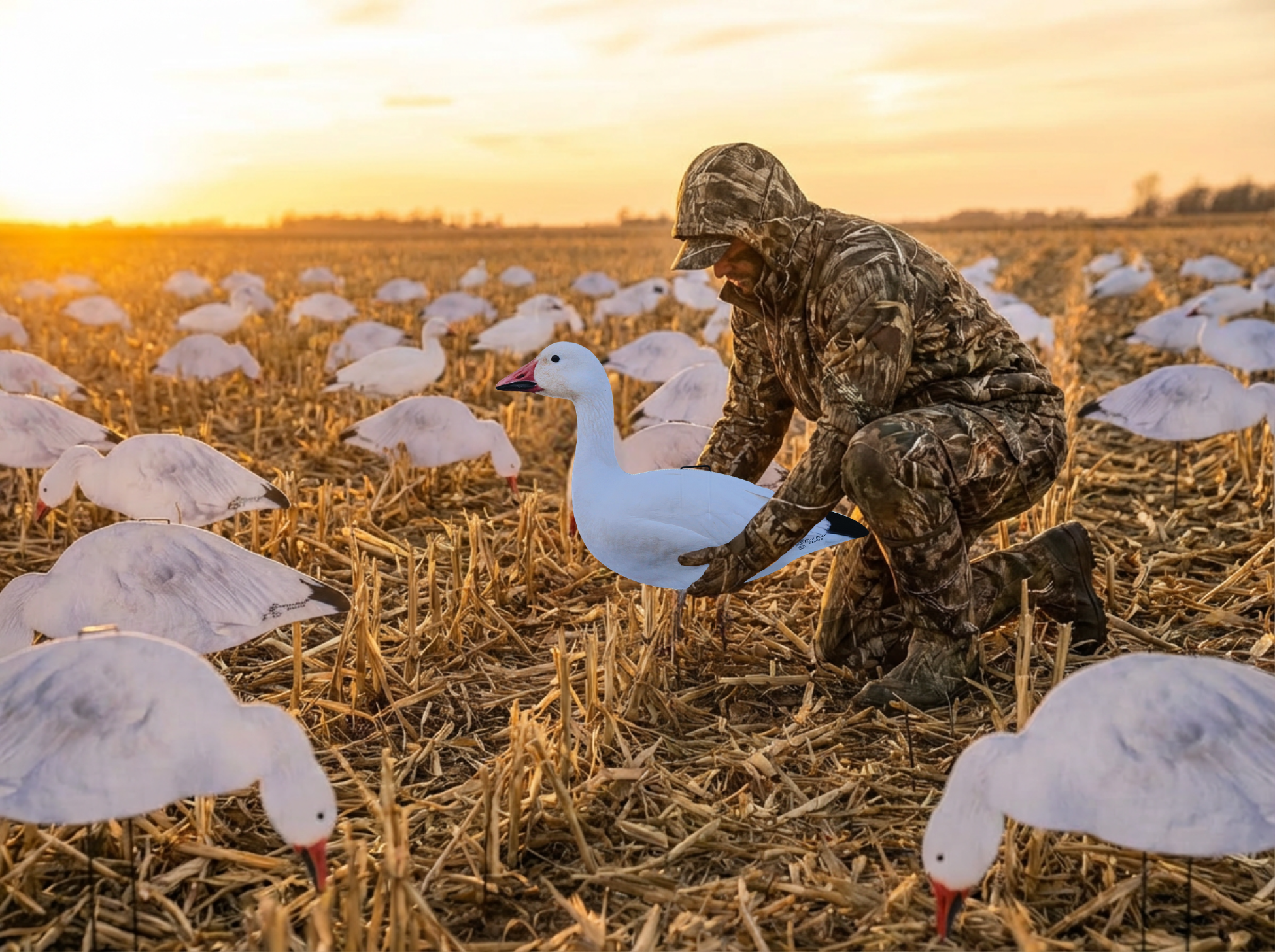 Hunter in camouflage gear placing snow goose silhouette decoys in a stubble field